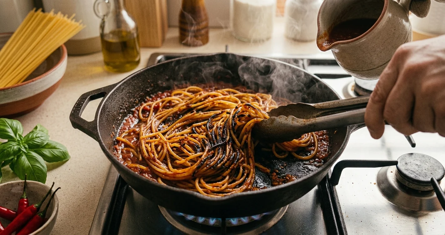 Spaghetti all’assassina con parti croccanti e leggermente bruciate in padella
