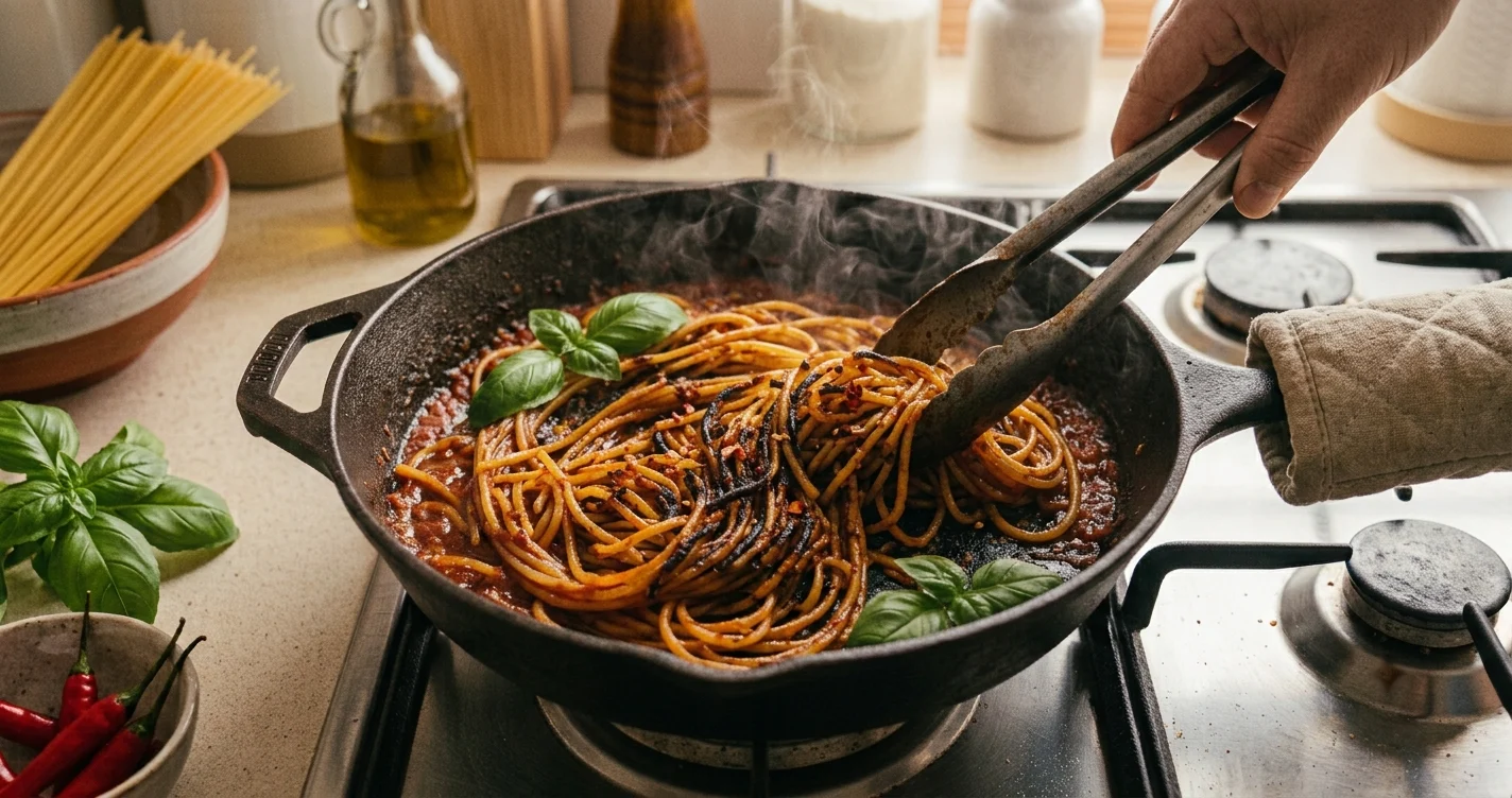 Spaghetti all’assassina serviti subito dopo la cottura in padella