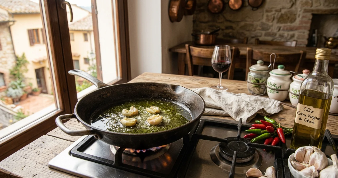 Olio extravergine d’oliva e aglio in padella per la base degli spaghetti all’assassina
