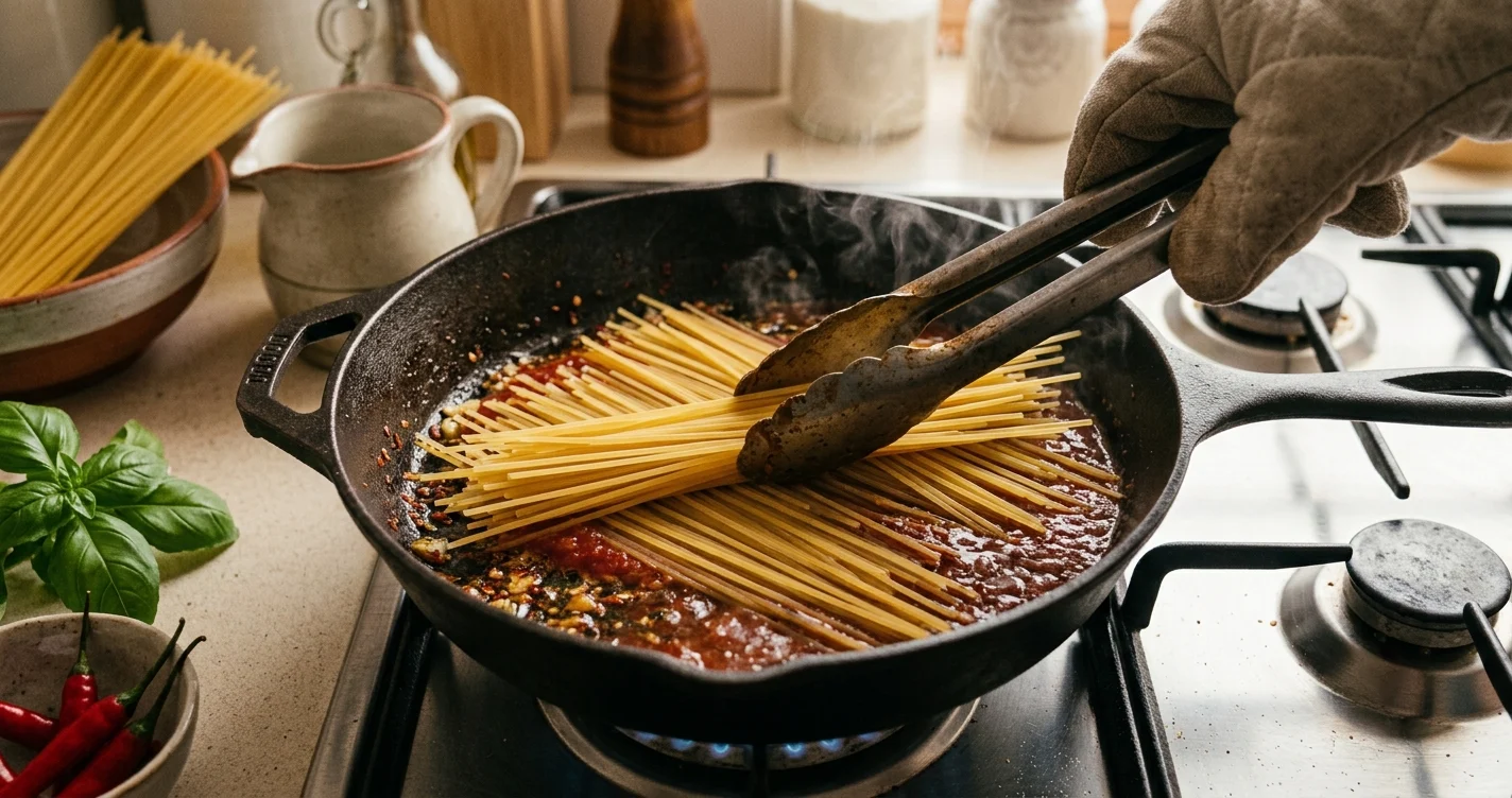 Spaghetti crudi disposti direttamente nella padella con sugo di pomodoro
