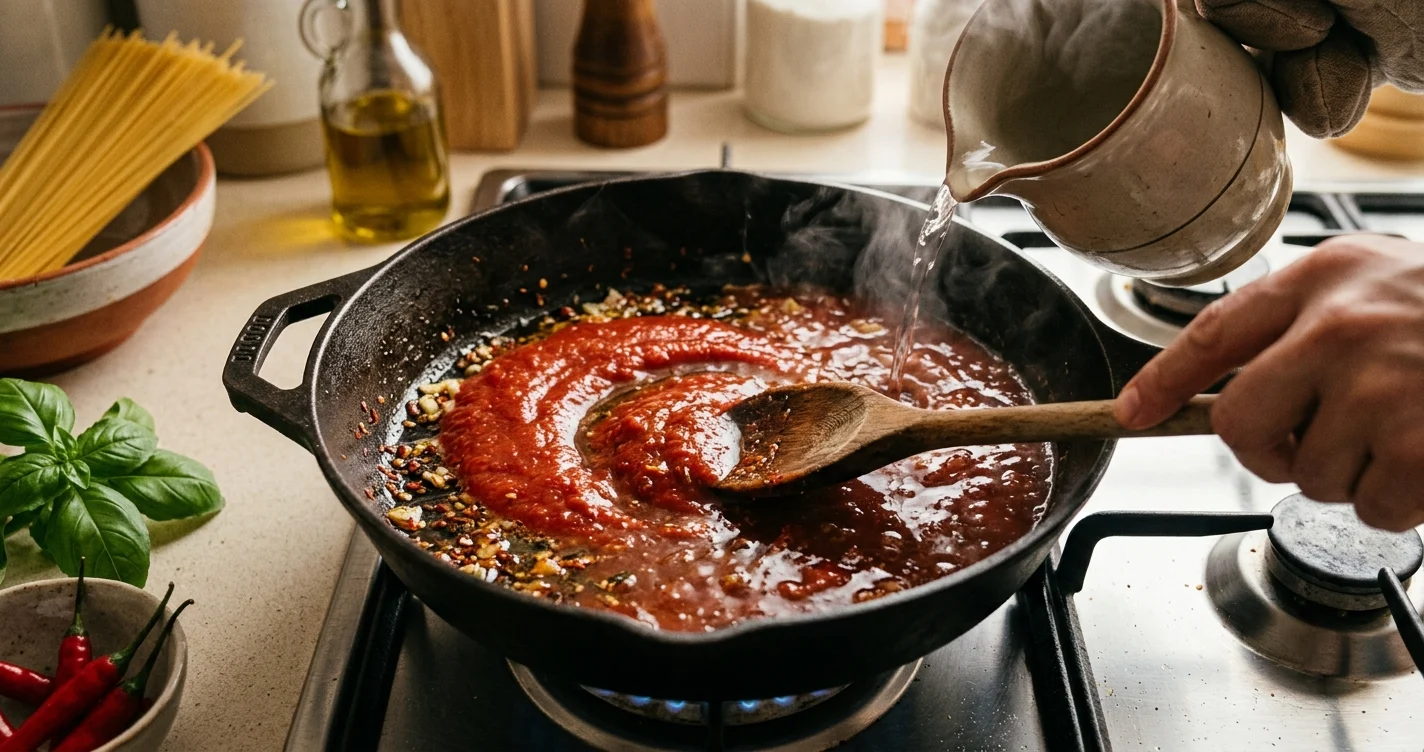 Passata di pomodoro con peperoncino e acqua calda nella padella per spaghetti all’assassina