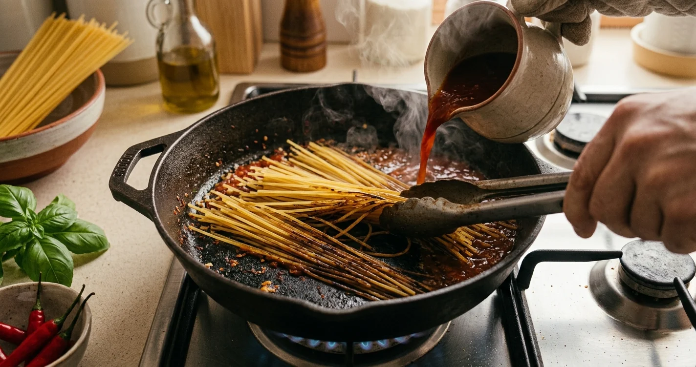 Spaghetti all’assassina in cottura con aggiunta graduale di sugo come una risottatura