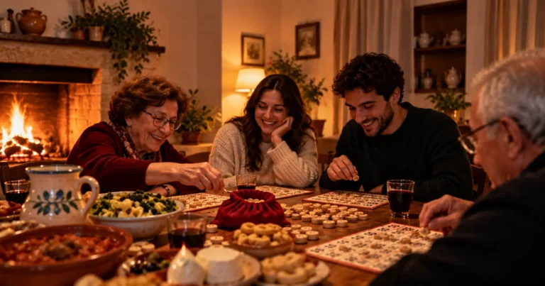 Famiglia che gioca a tombola davanti al camino, con vino rosso e piatti pugliesi in tavola